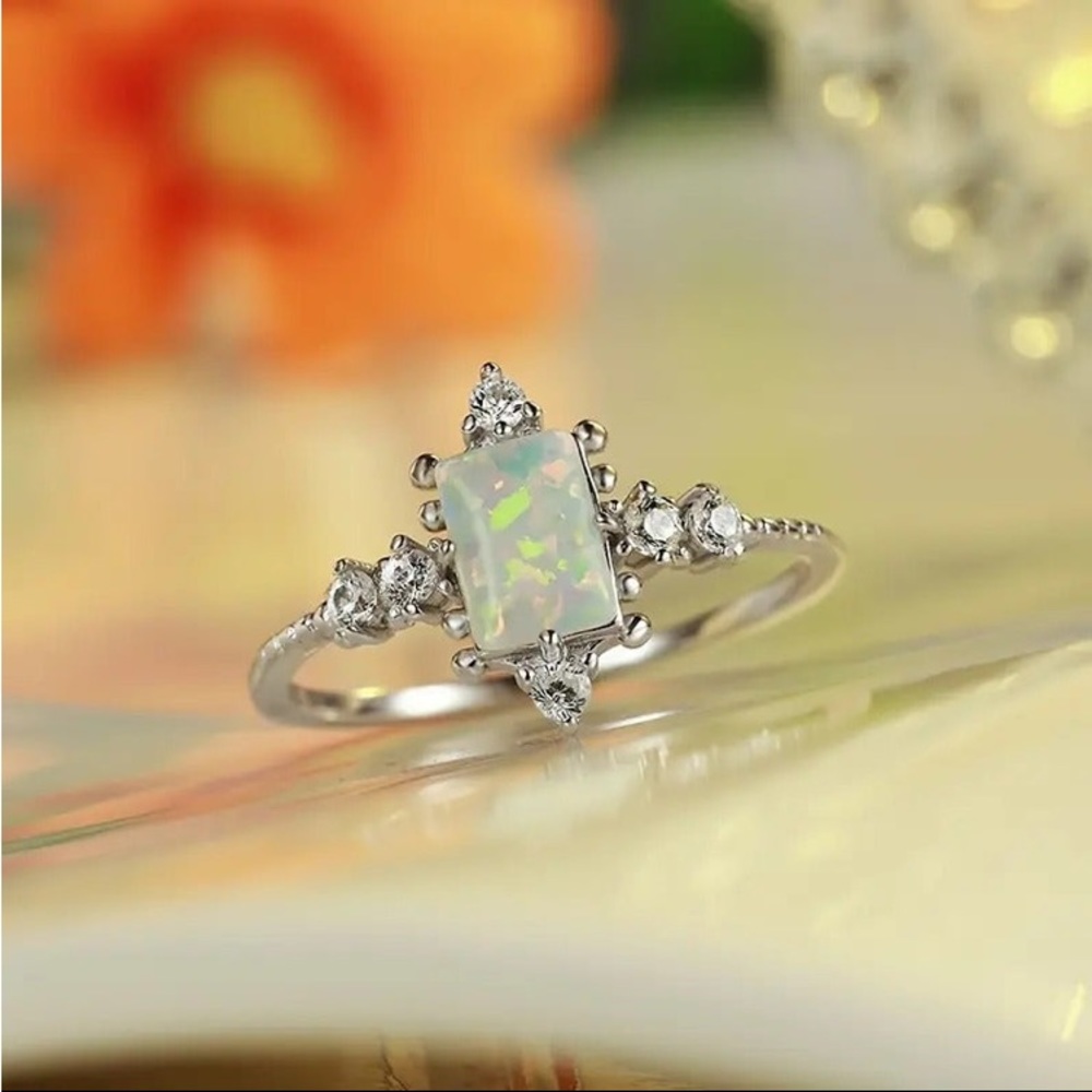 Rectangle Opal Eternity Ring 925 Sterling Silver … - image 1